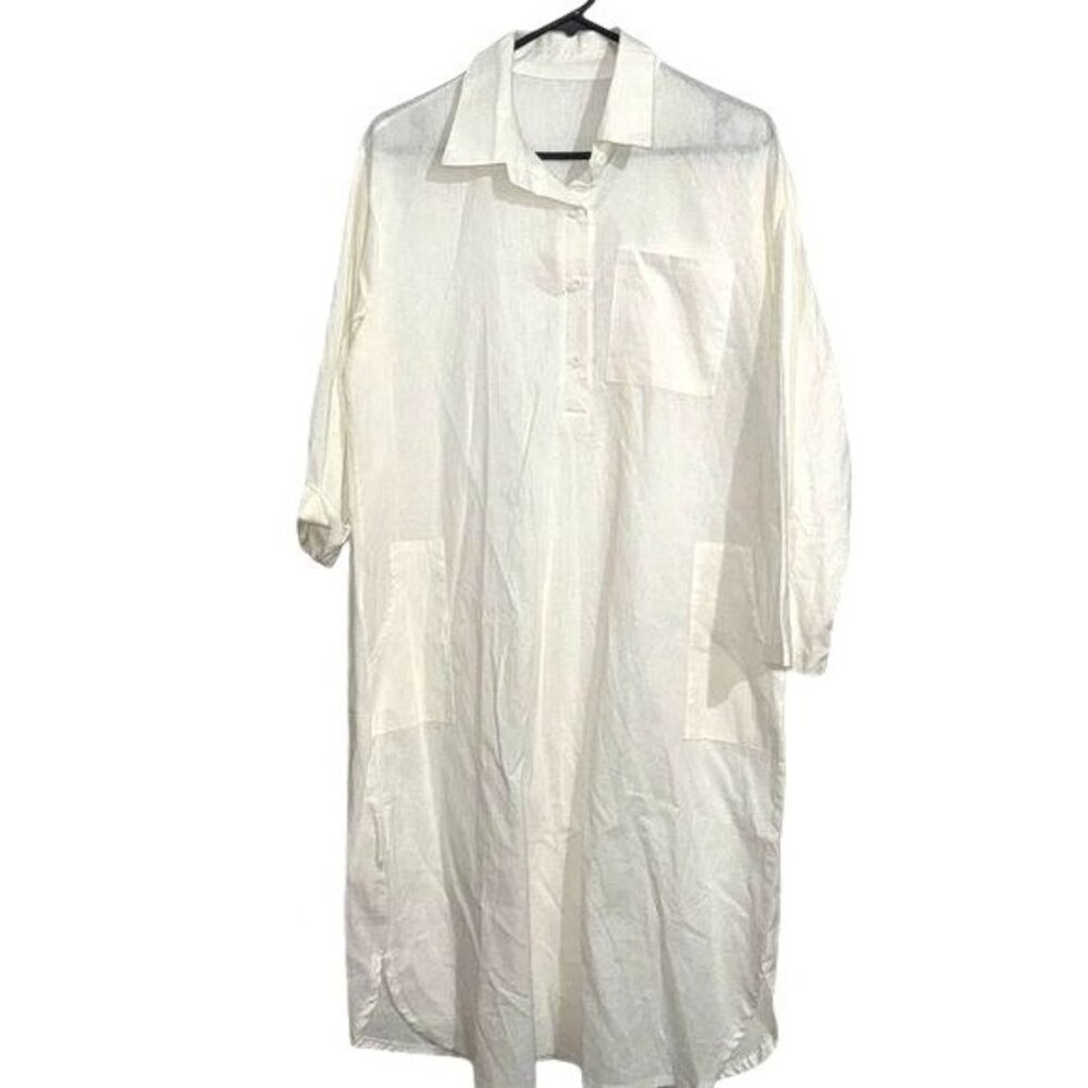 White Button-Up Long Sleeve Shirt Dress With Pocket Details